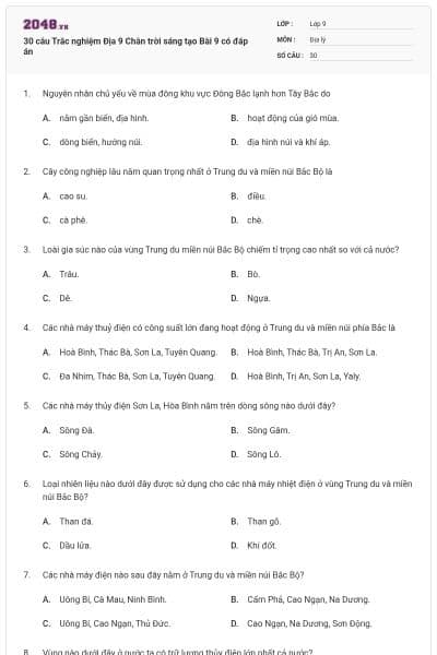 30 câu Trắc nghiệm Địa 9 Chân trời sáng tạo Bài 9 có đáp án