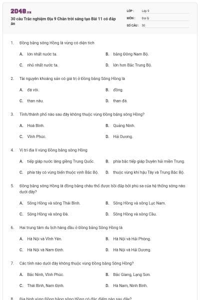 30 câu Trắc nghiệm Địa 9 Chân trời sáng tạo Bài 11 có đáp án