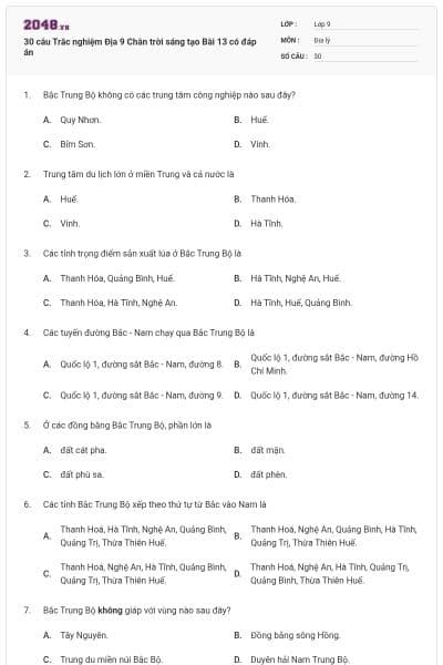 30 câu Trắc nghiệm Địa 9 Chân trời sáng tạo Bài 13 có đáp án