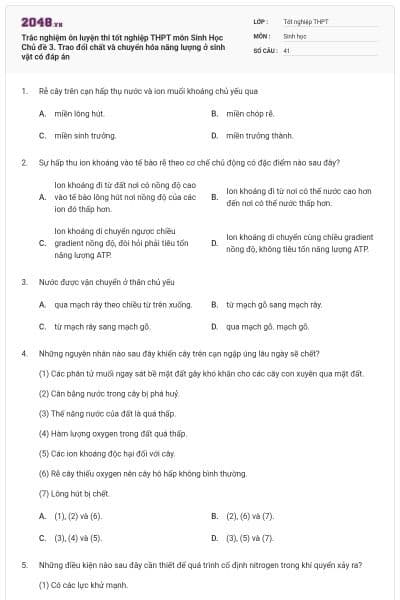 Trắc nghiệm ôn luyện thi tốt nghiệp THPT môn Sinh Học Chủ đề 3. Trao đổi chất và chuyển hóa năng lượng ở sinh vật có đáp án