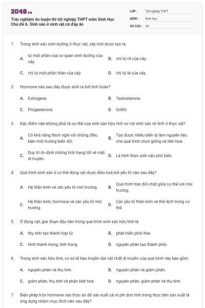 Trắc nghiệm ôn luyện thi tốt nghiệp THPT môn Sinh Học Chủ đề 6. Sinh sản ở sinh vật có đáp án