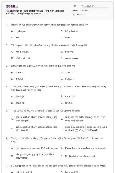 Trắc nghiệm ôn luyện thi tốt nghiệp THPT môn Sinh Học Chủ đề 7. Di truyền học có đáp án