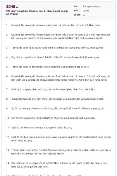 200 câu Trắc nghiệm tổng hợp Luật tư pháp quốc tế có đáp án (Phần 2)
