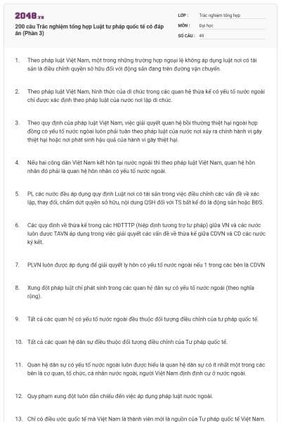 200 câu Trắc nghiệm tổng hợp Luật tư pháp quốc tế có đáp án (Phần 3)