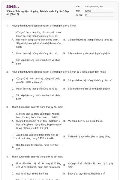 500 câu Trắc nghiệm tổng hợp Tổ chức quản lí y tế có đáp án (Phần 2)