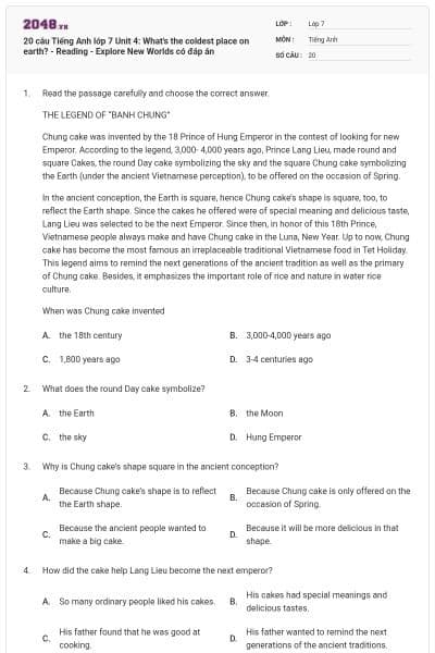 20 câu Tiếng Anh lớp 7 Unit 4: What's the coldest place on earth? - Reading - Explore New Worlds có đáp án