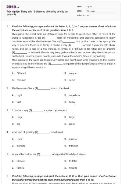 Trắc nghiệm Tiếng anh 12 Điền vào chỗ trống có đáp án (phần 5)