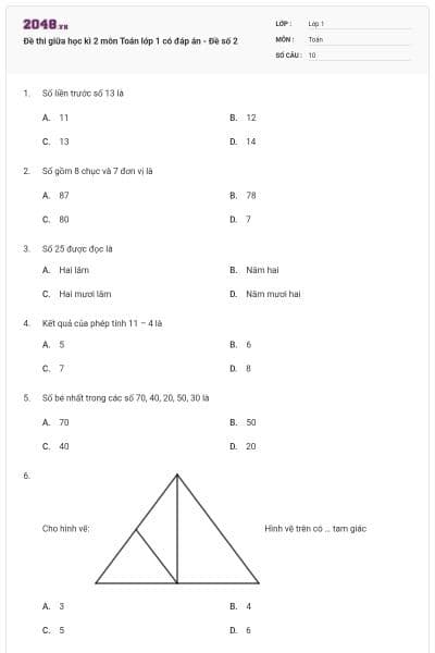 Đề thi giữa học kì 2 môn Toán lớp 1 có đáp án - Đề số 2