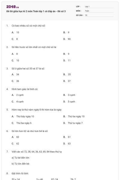 Đề thi giữa học kì 2 môn Toán lớp 1 có đáp án - Đề số 3