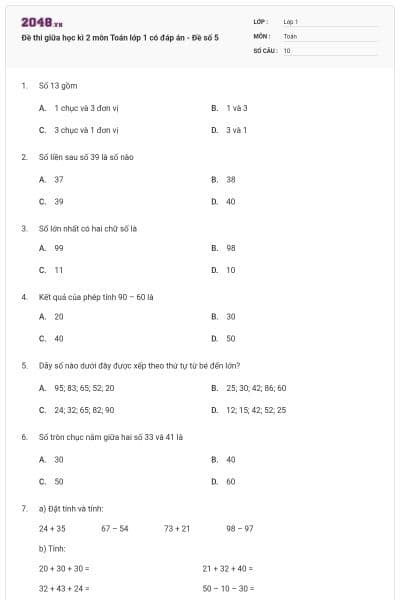 Đề thi giữa học kì 2 môn Toán lớp 1 có đáp án - Đề số 5