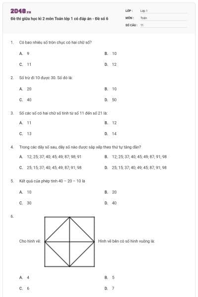 Đề thi giữa học kì 2 môn Toán lớp 1 có đáp án - Đề số 6