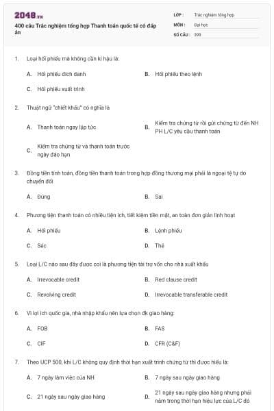 400 câu Trắc nghiệm tổng hợp Thanh toán quốc tế có đáp án