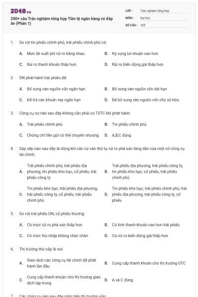 200+ câu Trắc nghiệm tổng hợp Tiền tệ ngân hàng có đáp án (Phần 1)