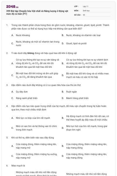 399 Bài tập Chuyển hóa Vật chất và Năng lượng ở Động vật mức độ cơ bản (P7)