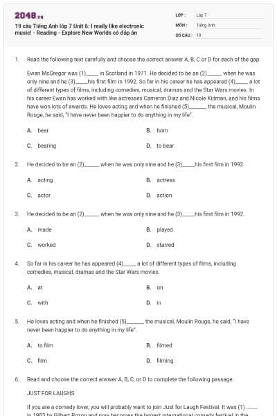 19 câu Tiếng Anh lớp 7 Unit 6: I really like electronic music! - Reading - Explore New Worlds có đáp án