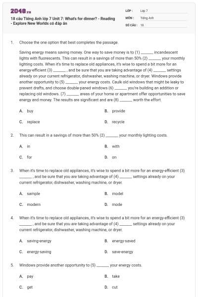 18 câu Tiếng Anh lớp 7 Unit 7: What's for dinner? - Reading - Explore New Worlds có đáp án