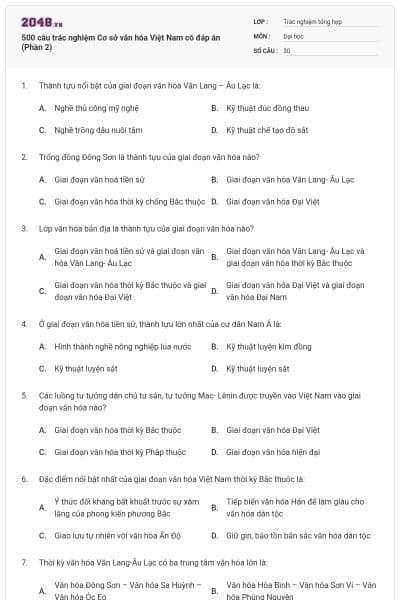 500 câu trắc nghiệm Cơ sở văn hóa Việt Nam có đáp án (Phần 2)
