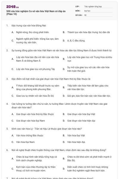 500 câu trắc nghiệm Cơ sở văn hóa Việt Nam có đáp án (Phần 10)