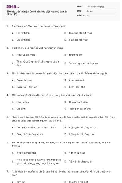 500 câu trắc nghiệm Cơ sở văn hóa Việt Nam có đáp án (Phần 12)