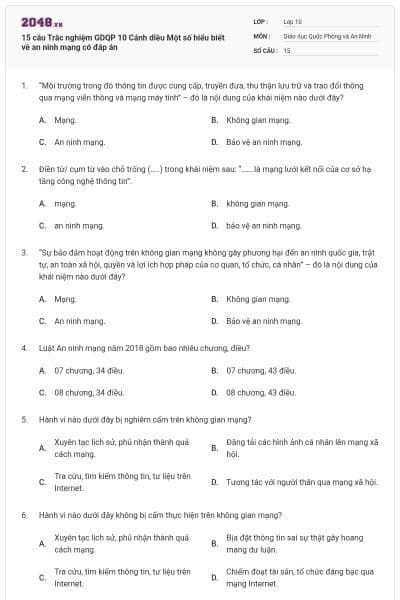 15 câu Trắc nghiệm GDQP 10 Cánh diều Một số hiểu biết về an ninh mạng có đáp án