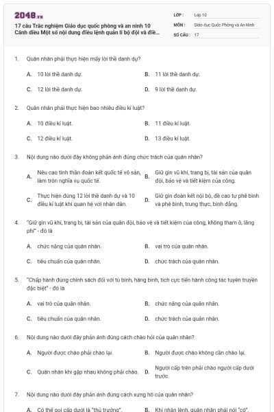 17 câu Trắc nghiệm Giáo dục quốc phòng và an ninh 10 Cánh diều Một số nội dung điều lệnh quản lí bộ đội và điều lệnh công an nhân dân có đáp án