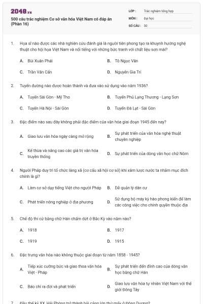 500 câu trắc nghiệm Cơ sở văn hóa Việt Nam có đáp án (Phần 16)