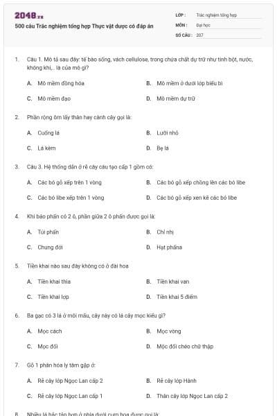 500 câu Trắc nghiệm tổng hợp Thực vật dược có đáp án