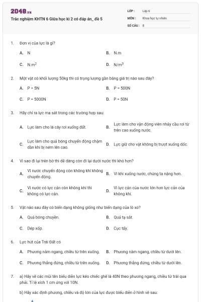 Trắc nghiệm KHTN 6 Giữa học kì 2 có đáp án_ đề 5