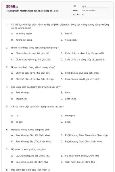 Trắc nghiệm KHTN 6 Giữa học kì 2 có đáp án_ đề 6