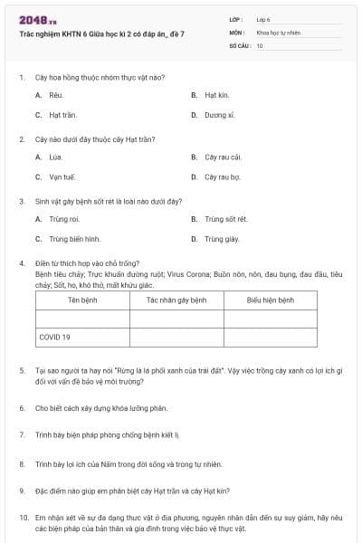 Trắc nghiệm KHTN 6 Giữa học kì 2 có đáp án_ đề 7