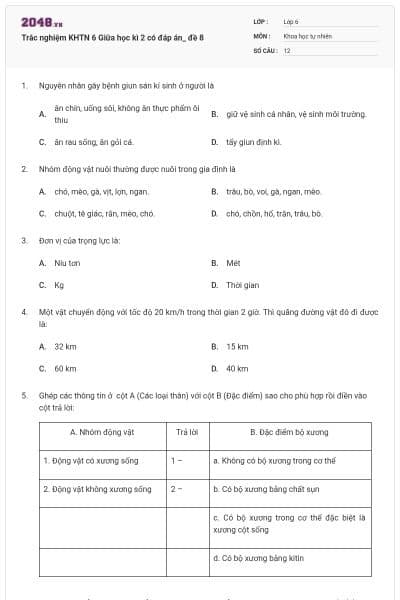 Trắc nghiệm KHTN 6 Giữa học kì 2 có đáp án_ đề 8