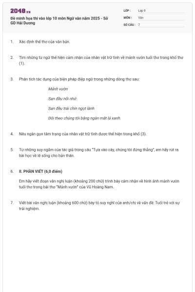 Đề minh họa thi vào lớp 10 môn Ngữ văn năm 2025 - Sở GD Hải Dương
