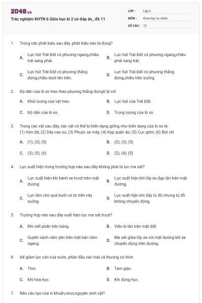 Trắc nghiệm KHTN 6 Giữa học kì 2 có đáp án_ đề 11