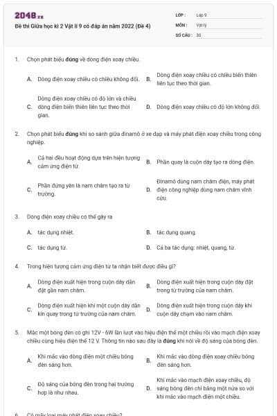 Đề thi Giữa học kì 2 Vật lí 9 có đáp án năm 2022 (Đề 4)