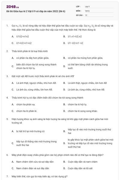 Đề thi Giữa học kì 2 Vật lí 9 có đáp án năm 2022 (Đề 6)