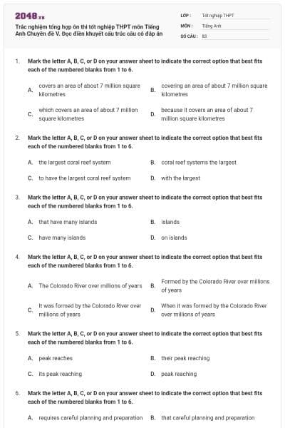Trắc nghiệm tổng hợp ôn thi tốt nghiệp THPT môn Tiếng Anh Chuyên đề V. Đọc điền khuyết cấu trúc câu có đáp án