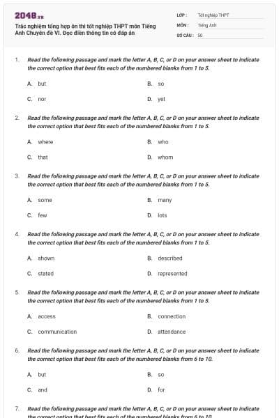 Trắc nghiệm tổng hợp ôn thi tốt nghiệp THPT môn Tiếng Anh Chuyên đề VI. Đọc điền thông tin có đáp án