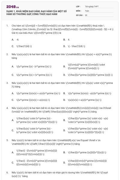 DẠNG 1. KHÁI NIỆM ĐẠO HÀM, ĐẠO HÀM CỦA MỘT SỐ HÀM SỐ THƯỜNG GẶP, CÔNG THỨC ĐẠO HÀM