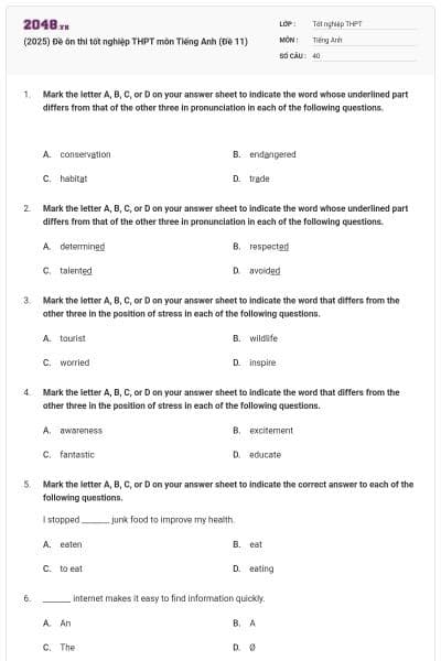 (2025) Đề ôn thi tốt nghiệp THPT môn Tiếng Anh (Đề 11)