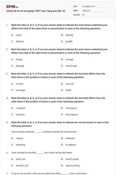(2025) Đề ôn thi tốt nghiệp THPT môn Tiếng Anh (Đề 12)