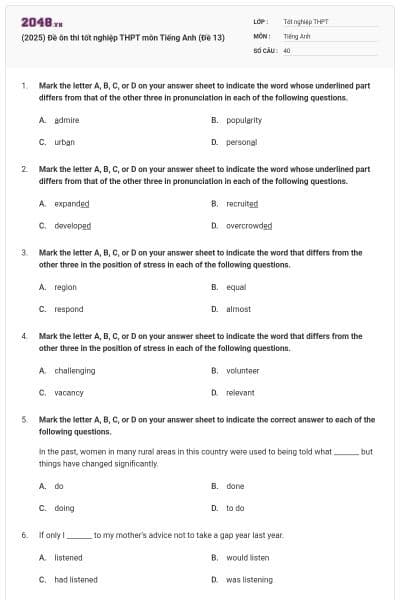 (2025) Đề ôn thi tốt nghiệp THPT môn Tiếng Anh (Đề 13)