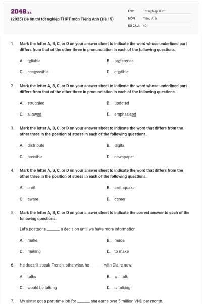 (2025) Đề ôn thi tốt nghiệp THPT môn Tiếng Anh (Đề 15)