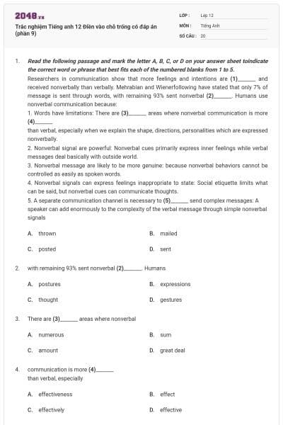 Trắc nghiệm Tiếng anh 12 Điền vào chỗ trống có đáp án (phần 9)