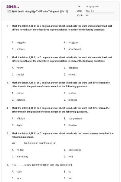 (2025) Đề ôn thi tốt nghiệp THPT môn Tiếng Anh (Đề 16)