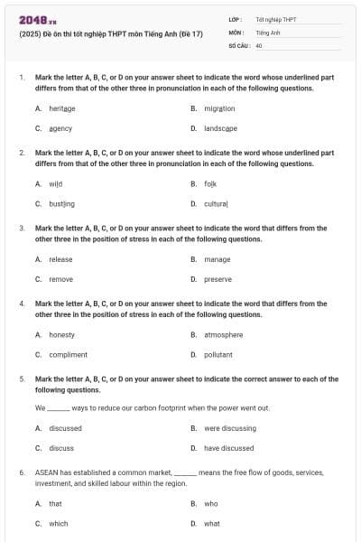 (2025) Đề ôn thi tốt nghiệp THPT môn Tiếng Anh (Đề 17)