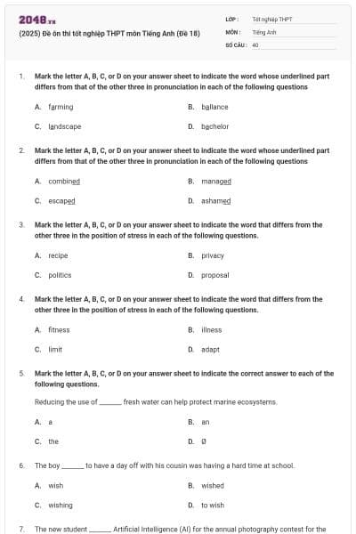 (2025) Đề ôn thi tốt nghiệp THPT môn Tiếng Anh (Đề 18)