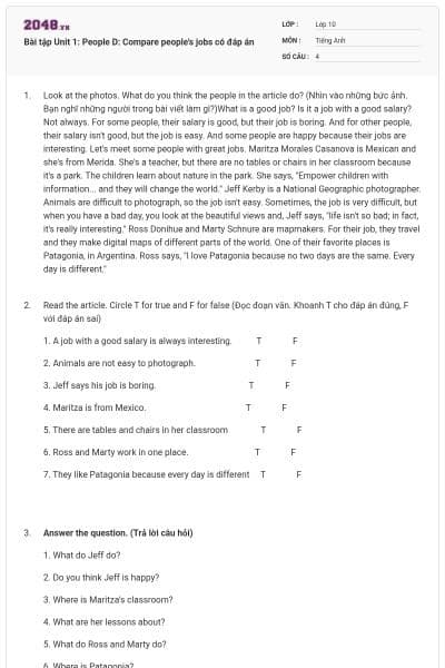 Bài tập Unit 1: People D: Compare people’s jobs có đáp án