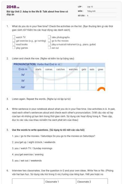 Bài tập Unit 2: Aday in the life B: Talk about free time có đáp án