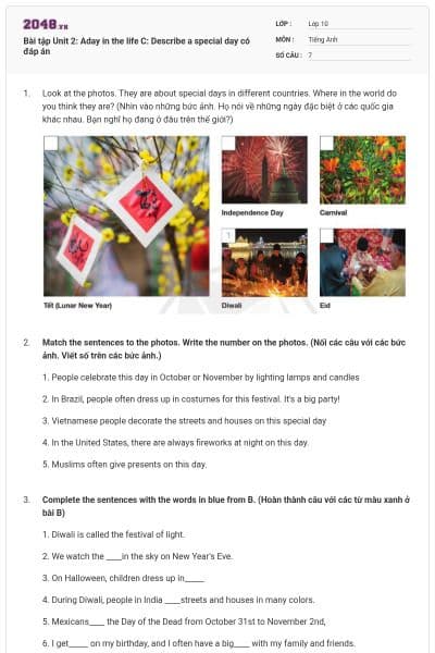 Bài tập Unit 2: Aday in the life C: Describe a special day có đáp án