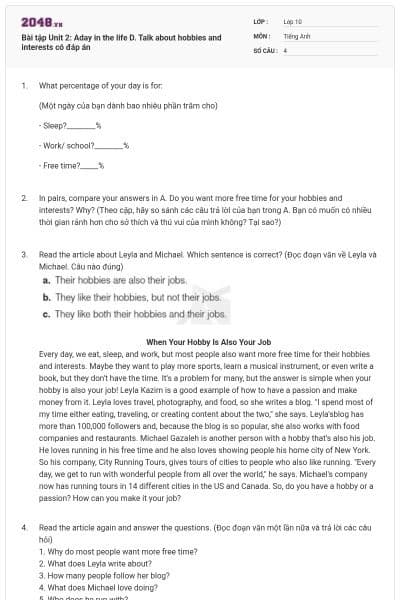 Bài tập Unit 2: Aday in the life D. Talk about hobbies and interests có đáp án